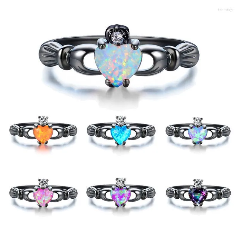 Wedding Rings Charm Female White Blue Opal Stone Ring Vintage Black Gold For Women Love Claddagh Heart Engagement