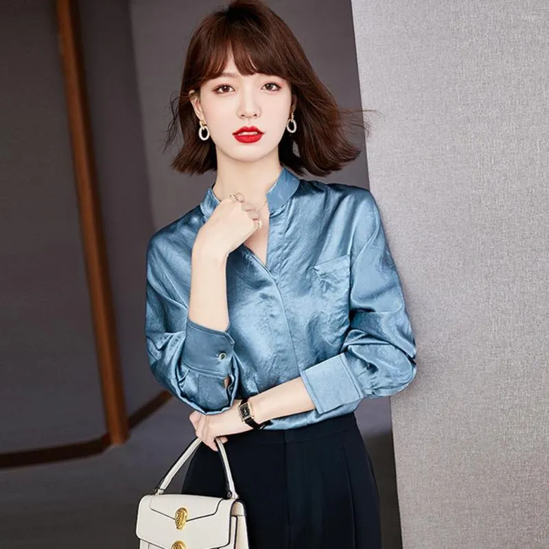 Kvinnor BLOUSES Fashion Chic Shiny Satin Shirts Women Office Lady Simple Solid Women Casual Party Tops Blusas Mujer de Moda 2023