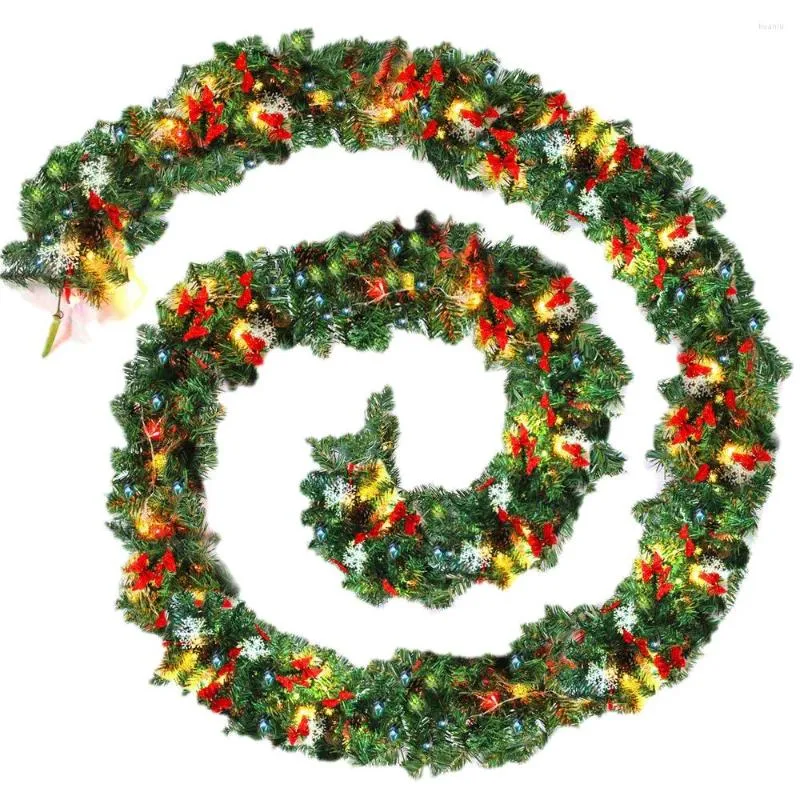 Christmas Decorations Xmas Tree Decoration Plain Green Garland Warm White Led Light Artificial Wreath Fireplace