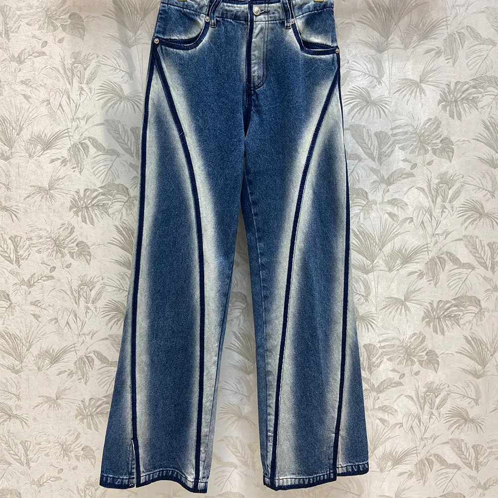 Dames originele gradi￫nt design jeans vintage gewassen onregelmatige openingen luxe hoge taille broek ontwerper wide been broek y014