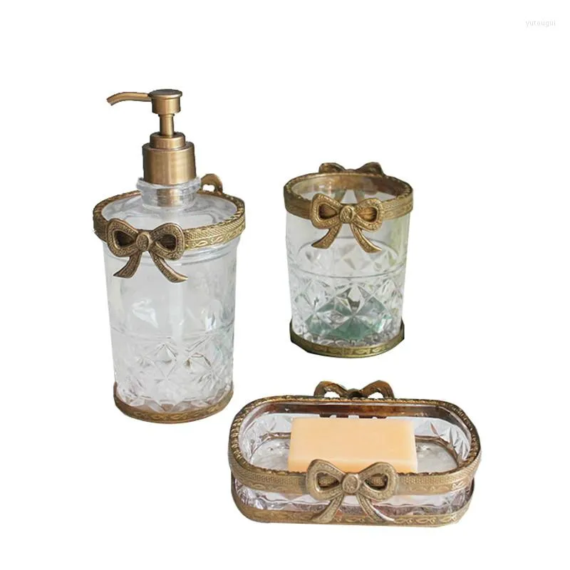 Set di accessori da bagno in ottone fatto a mano con fiocco in vetro vintage da bagno in tre pezzi portasapone portasapone forniture fortunate accessori per la doccia