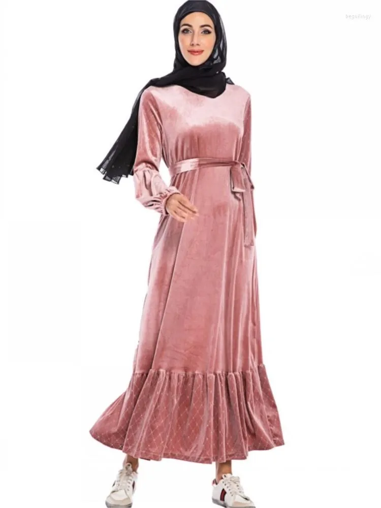 Roupas étnicas Velvet Muslim Maxi Dress Women Women Lantern Sleeve Torthle Robes Moda Ruffle Patchwork Elegante ABAYA CAFTAN 2023