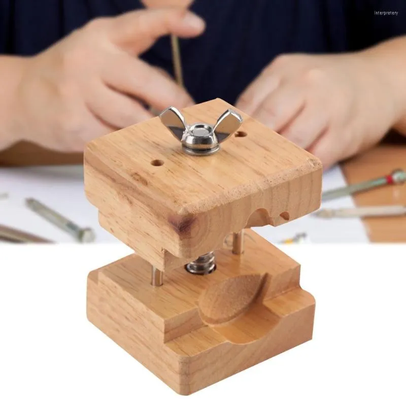 Bekijk reparatiepakketten Professionele houten kast houder blok bankschroef klembeweging hout roestvrijstalen gereedschap voor horlogemaker