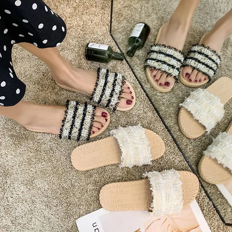 Terlik İlkbahar ve Yaz Koreli Düşük Topuk İnci Şerit Bir Kelime Giyim Sandalet Net Kırmızı