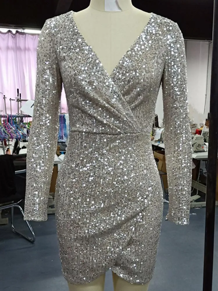 Womens Casual Bodycon Dress With Surplice Wrap Ruched Red Sequin