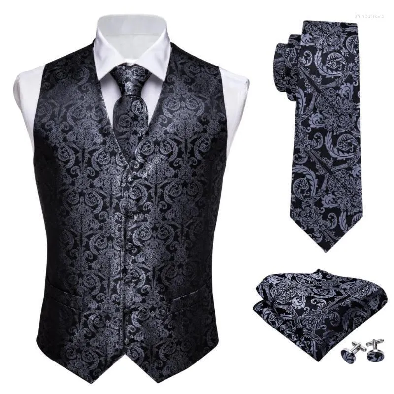 Gilets pour hommes Designer Hommes Classique Noir Paisley Jacquard Folral Soie Gilet Mouchoir Cravate Gilet Costume Poche Carré Ensemble Barry.WangMen's