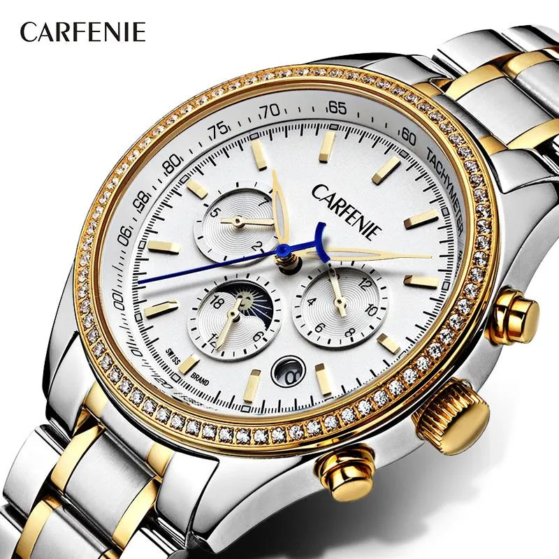 Zegarek Carfenie Business Watch Men Auto Mechanical Mens Wataches Top Golden Steel Band Hip Hop Punk Na rękę