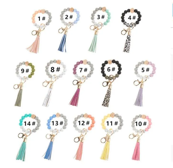 UPS Wooden Tassel Bead String Party Favor Bracelets Keychain Silicone Beads Women Girl Key Ring Wrist Strap for Car Chain Wristlet Beaded Portable Gift