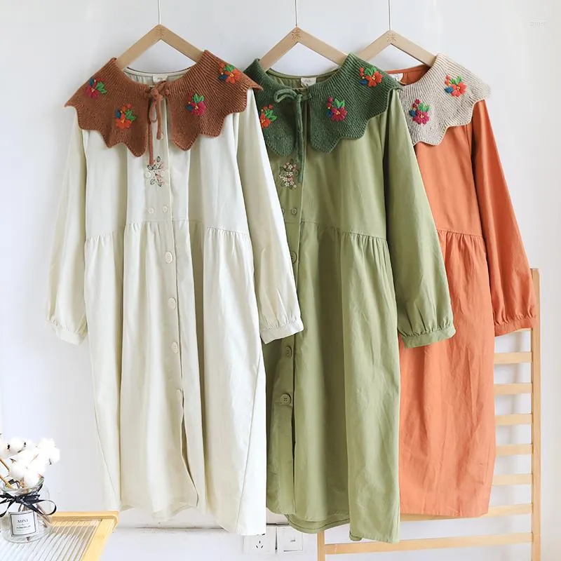 Women's Trench Coats Spring Autumn Women All-match Japan Style Mori Kei Flower Embroidery Corchet Collar Loose Comfortable Cotton