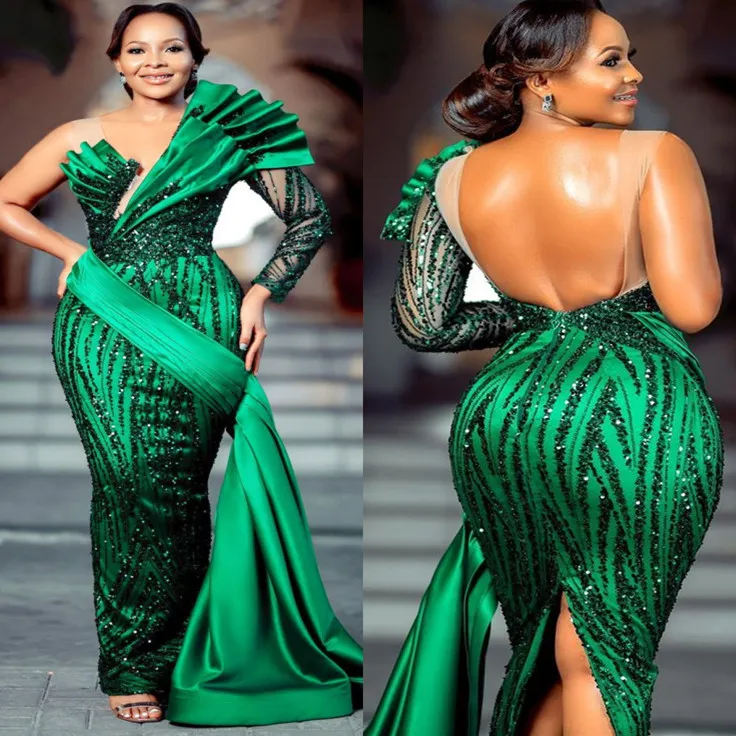 Arabo Aso Ebi Green Green Prom si veste profonde a V-Neck Wortless Formale Party Second Reception Birthday Gowns Dress Zj055 407