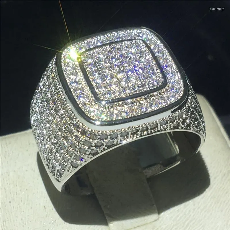 クラスターリングvecalon luxury Big Male Ring 925 Sterling Silver Pave Setting CZ Party Wedding Band for Men Rock Hiphop Jewelr