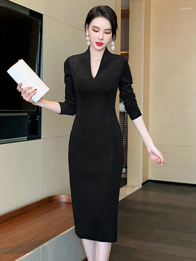 Casual Dresses 2023 Autumn Elegant Commute Women Midi Dress Black Velvet Mesh Hollow V-neck Long Sleeve Bodycon Slit Lady Robe Office