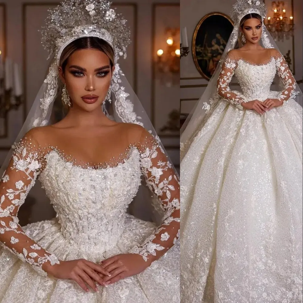 Ahorra a lo Grande en Compras al por Mayor de Vestido De Novia De Vestidos  De Pelota Con Mangas Largas De Encaje Ball Gown Wedding Dresses Sequined
