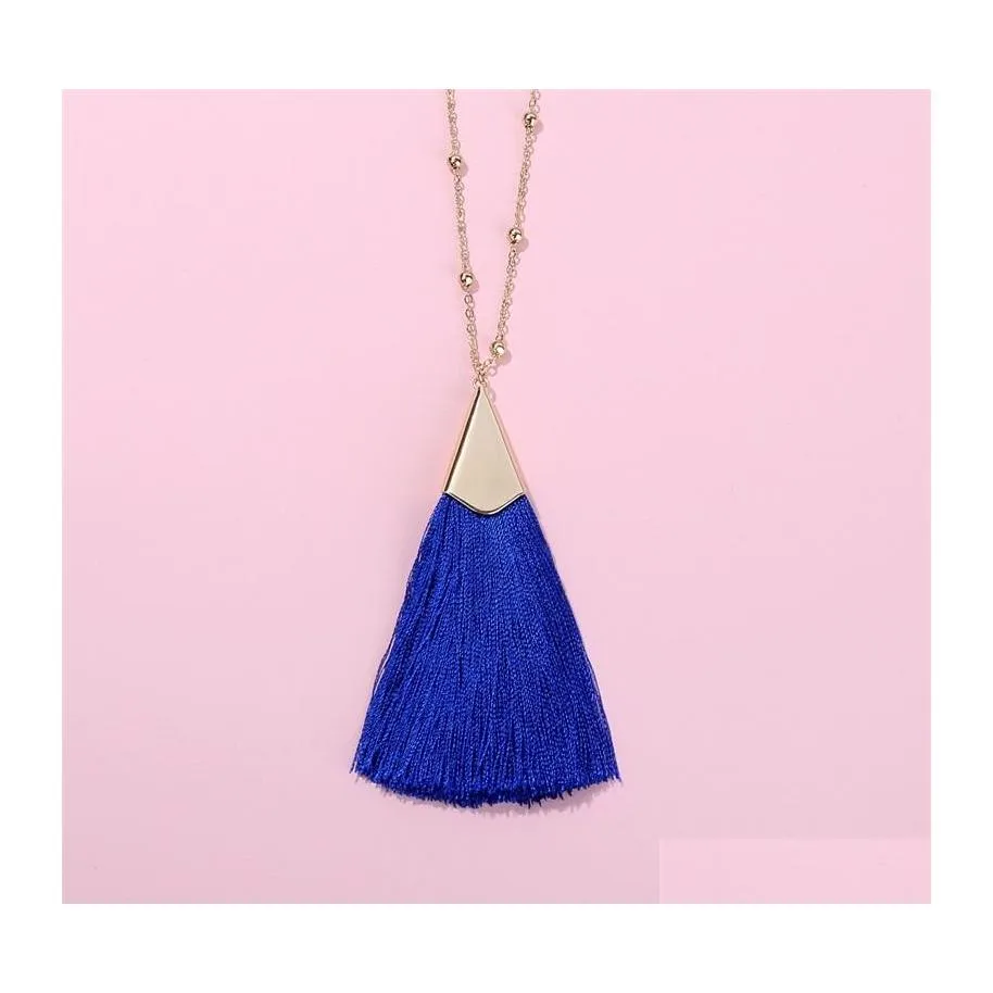 Hangende kettingen boho zachte ventilator rand kwastje lange ketting goud gepolijste metallic triange met kralenstenen ketting voor dames99 drop dhx4c