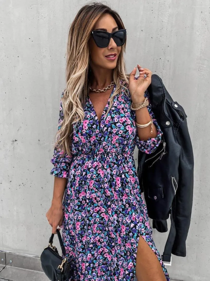 Casual Kleider Herbst V-ausschnitt Lange Blumen Kleid Für Frauen Slim Sleeve Split Print Weibliche Boho Elegante Maxi Party Vestidos