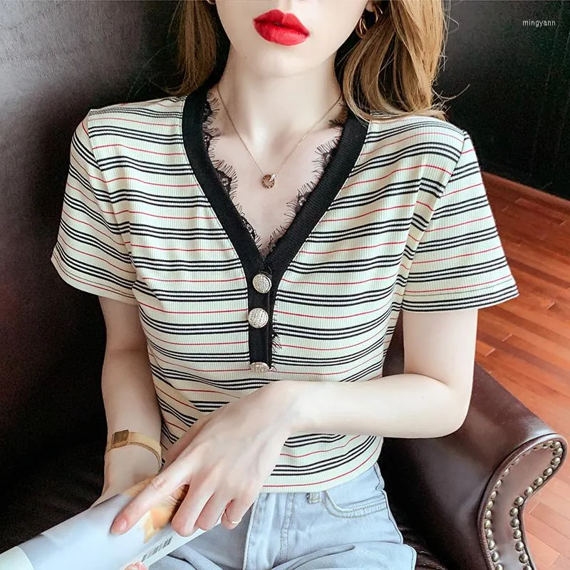 Women's T Shirts Women Striped Shirt Casual Lace V-Neck Tops 2023 Summer Harajuku Short Sleeve Korean Fashion Camiseta Feminina Top