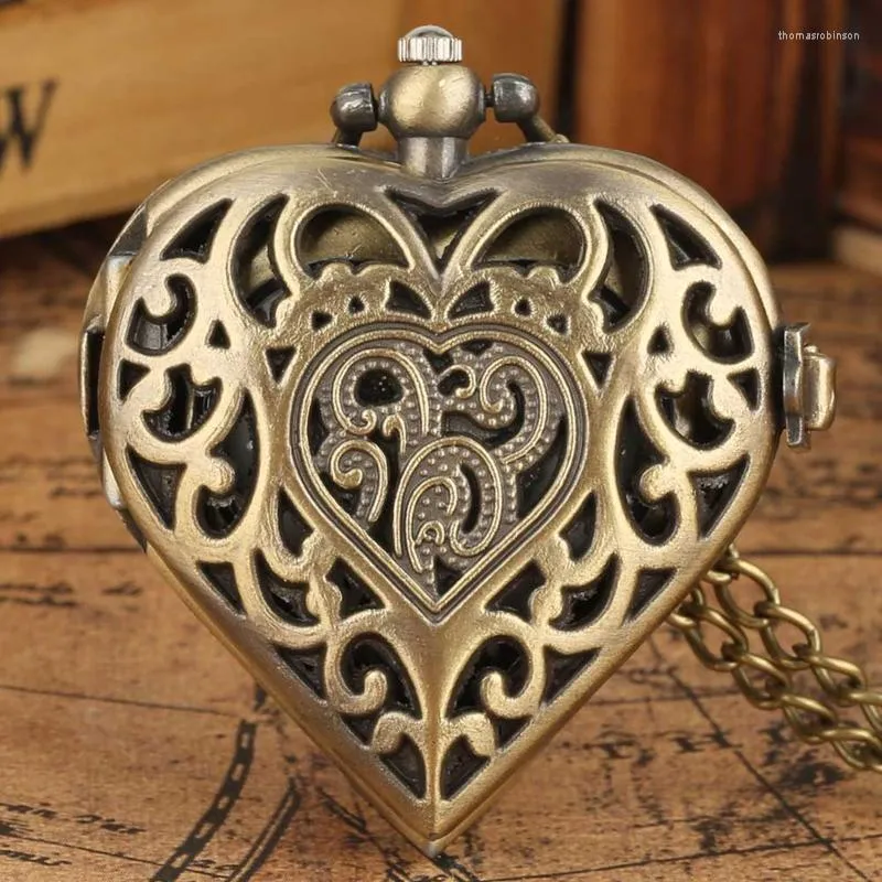 Orologi da taschino Romantico orologio al quarzo a forma di cuore Bronzo/argento/nero Collana con pendente a catena da donna Souvenir Regali per ragazze Donne