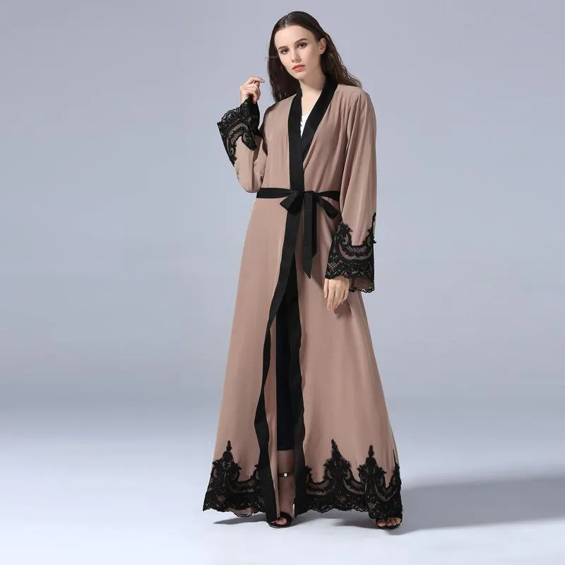 Casual Dresses Turkish Dubai Muslim Embroidery Abaya Dress Women Kimono Open Long Robe Lace-up Jubah Islamic Clothing Outwear Maxi Hijab