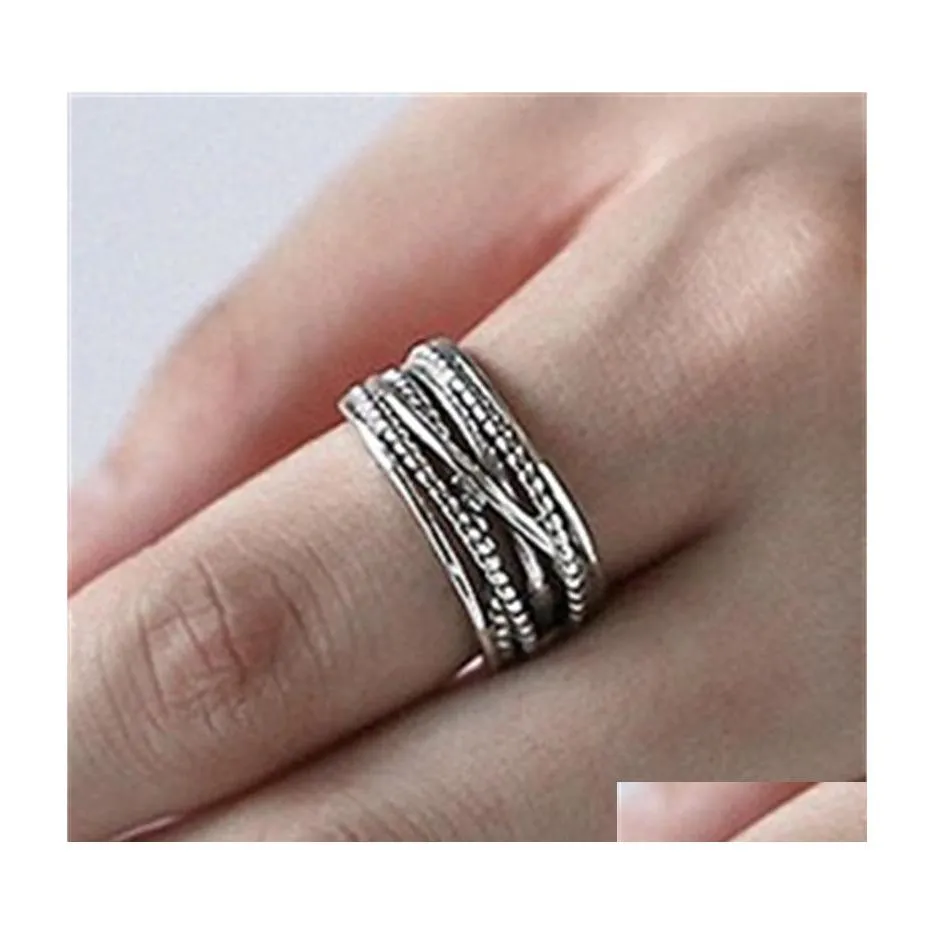 Полосовые кольца подлинные ювелирные изделия Sier 925 Sterling Mtilayer Wrap Twist Vintage Open Women Men Retro Регулируем