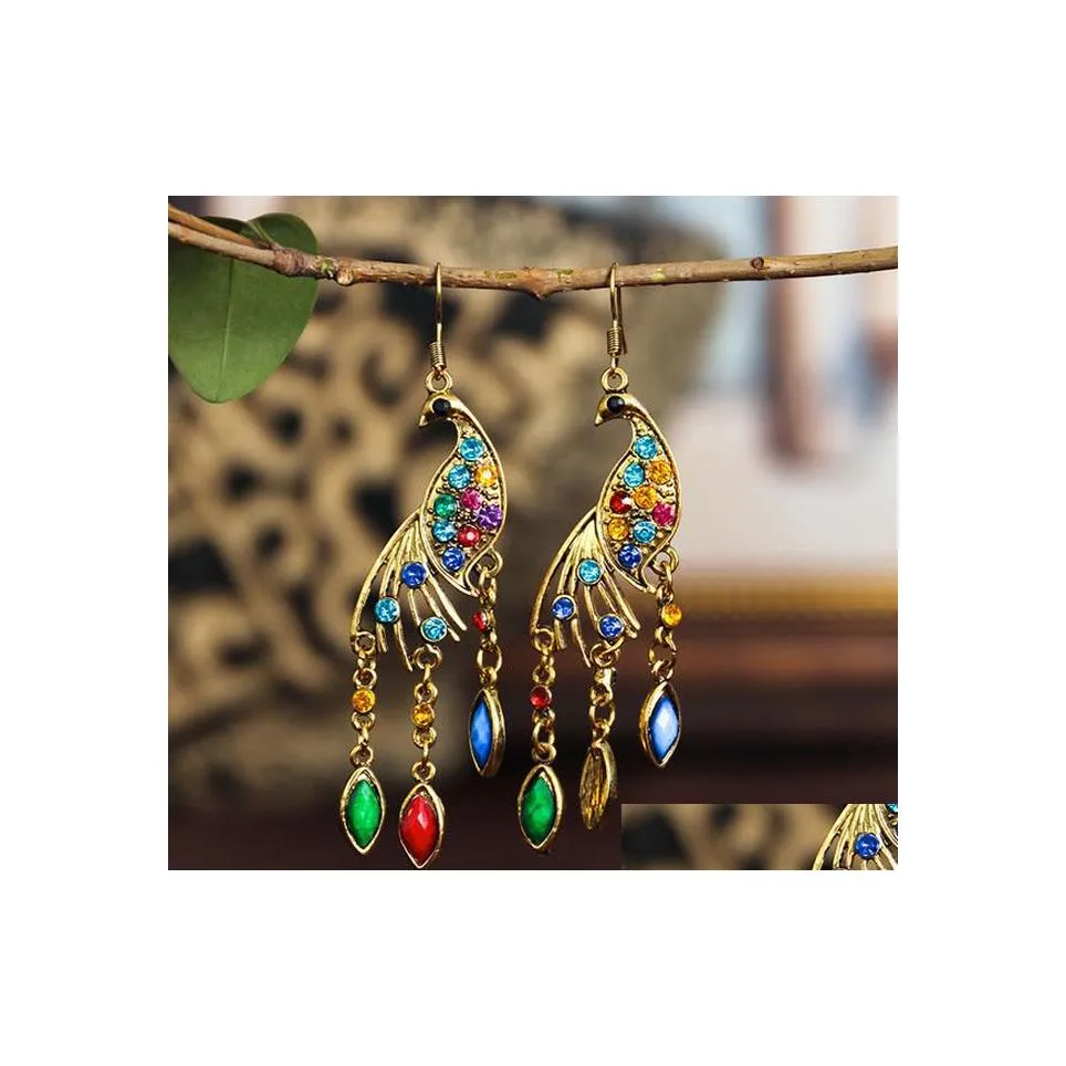 Stud Fashion Jewelry Vintage Peacock Earrings Rhinstone Dangle Drop Delivery Dhu1O