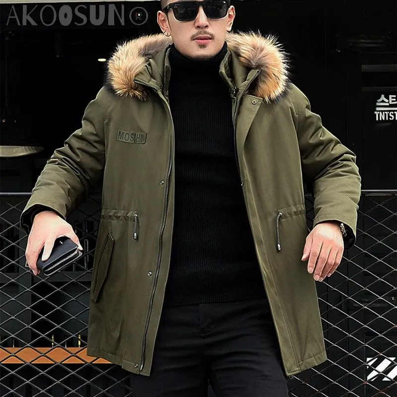 Men's Leather & Faux AKOOSUN Winter Jacket Men Real Pure Natural Fur Jackets Raccoon Collar Parka Liner Coats Casaco Masculino MY725