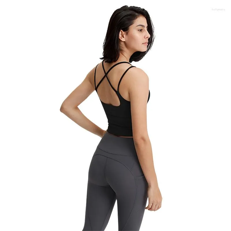 Active Shirts Sexy Yoga Shirt Crop Top Gym Sports Tank Solid Color Women Lingerie Lengthening Hem Sling Soft Breathable Cross Beauty Back