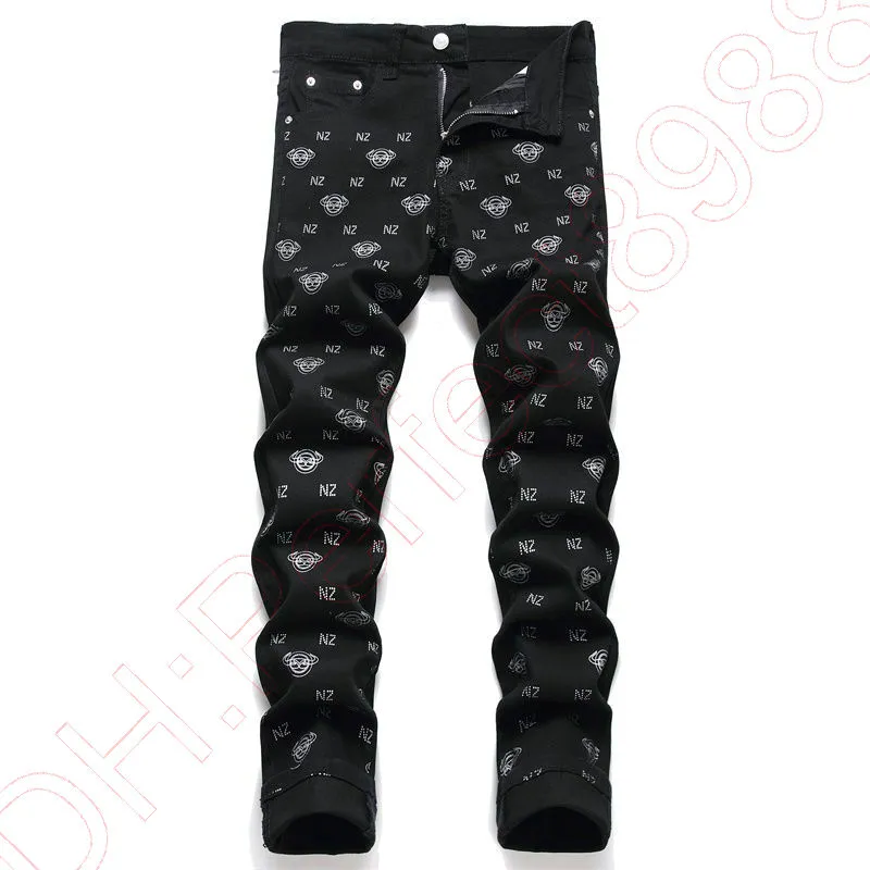 New Jeans Chino Hosen Hose Herrenhosen strecken eng anliegende Hosen gewaschener gerades dünnes Stickerei Patchwork Ripped Herren Trendmarke Motorrad-Jeans-G21