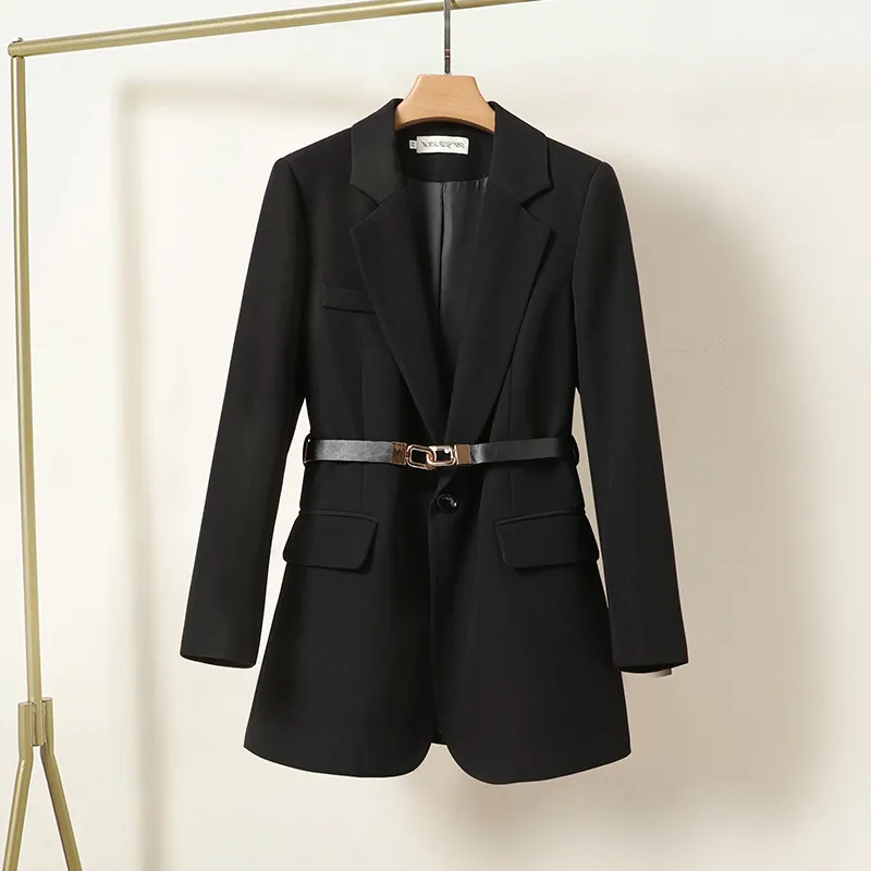 Spring Autumn Elegant Women Jackets 2023 Notched Collar Single Breasted Blazer Office Lady Long Sleeve Solid Blazer Coat with Belt