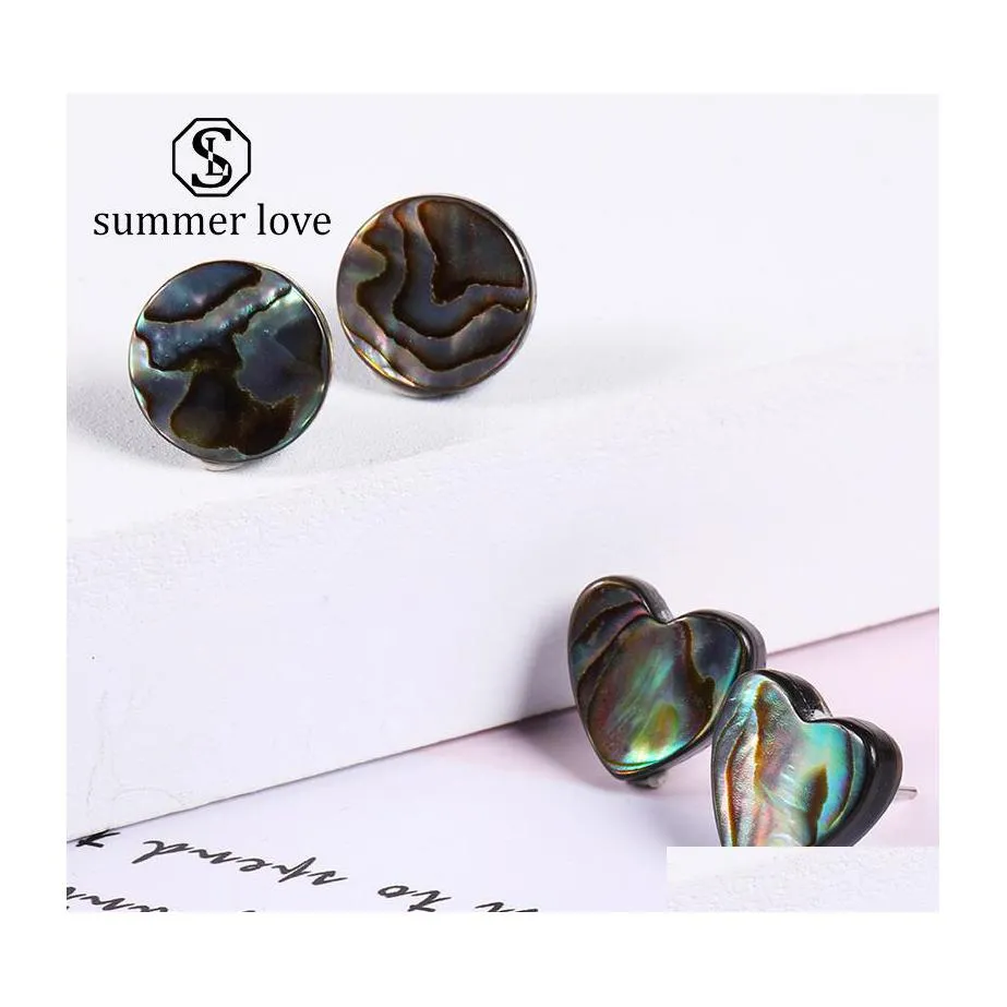 Stud Heart Round Square Natural Shell Earrings For Women Girls Colorf Sier Plating Earring Jewelry Gift Drop Delivery Dhmey