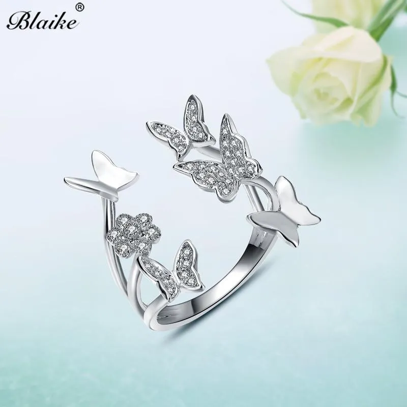 Cluster Rings Blaike Silver Color Butterfly Flower Open Ring Inlay Свадебная вечеринка для женщин ювелирные украшения