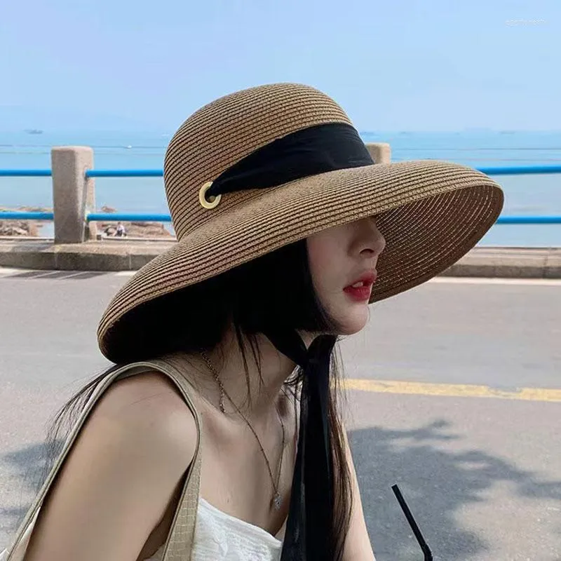 Wide Brim Hats 2023 Summer Women Straw For Lampshade Style Floppy Panama Female Outdoor Foldable Beach Sun Cap Eger22