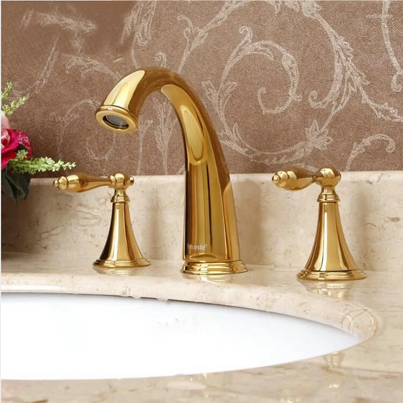 Badrumsvaskkranar Polerad guld mässing 8 "utbredd bassäng kran Vanity 2 Knob Tub Mixer Tap Deck Mount 3 Holes toalett