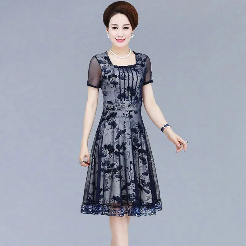 Casual Dresses Middle-aged Women's Summer Dress Mother Long Section Of 40-50 Years Old Short-sleeved WomenCasual