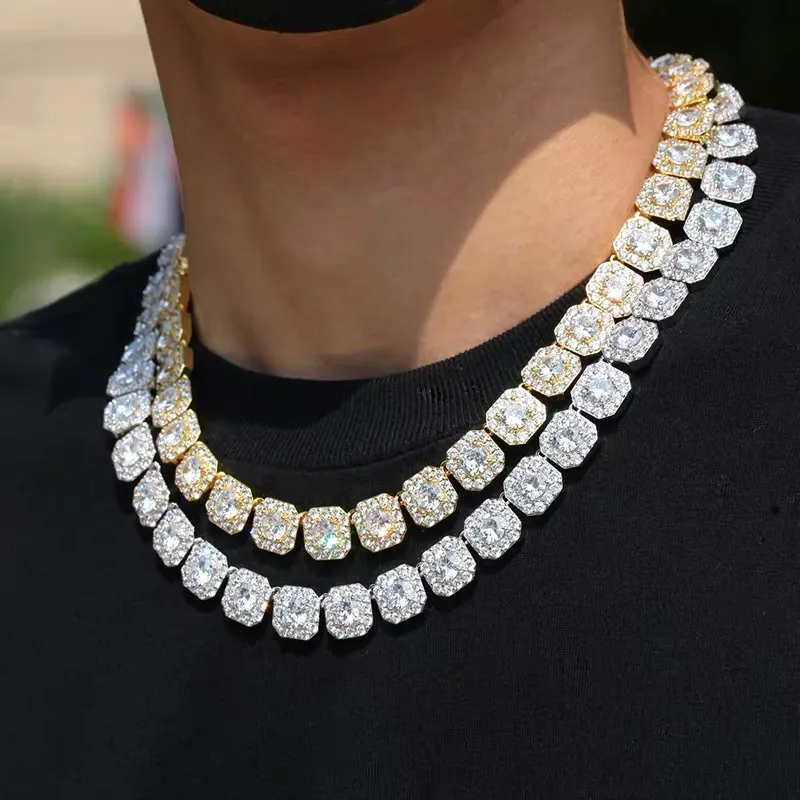 Łańcuchy męskie Iced Out 12mm kwadratowe diamentowe naszyjniki Hip Hop Bling kobiety Trendy Miami kubański krawężnik Link Chain bransoletka moda złoto srebro Hipster biżuteria punkowa 16-24 cali