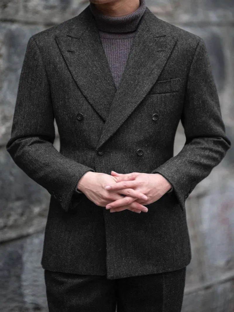 Męskie garnitury Blazers Winter Brown Tweed Suit Formal Business Herringbone Podwójny szczyt Lapel Man Wedding Tuxedo Office W
