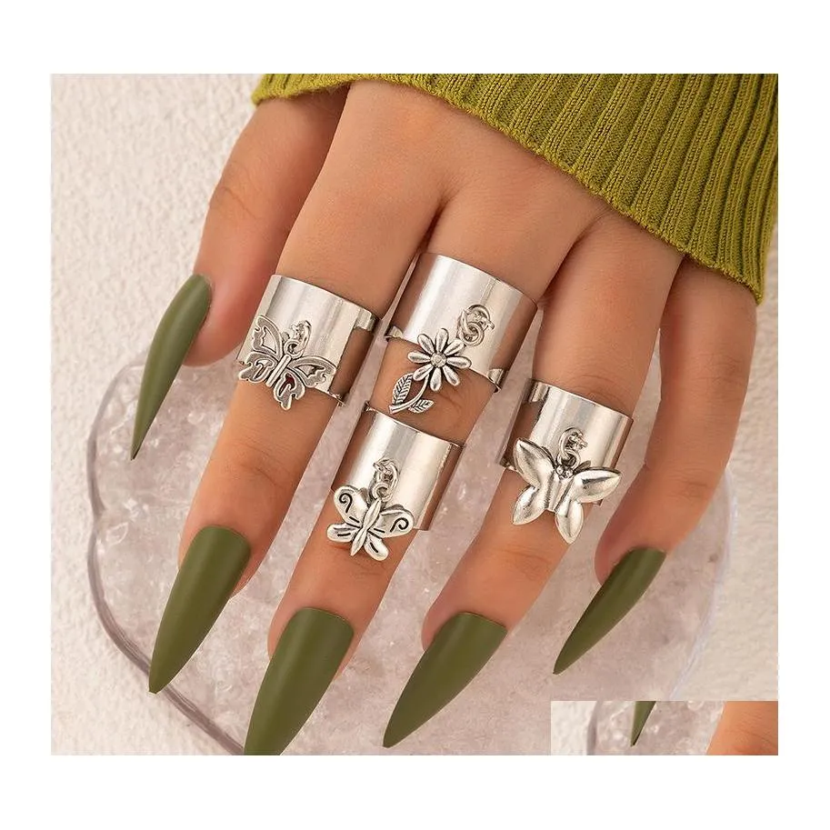 Anelli a grappolo Fiori Farfalla Dito per le donne Vintage Sier Color Metal Knuckle Ring Set Gioielli Anillo Accessori 2022 Drop Deliv Dhvqy