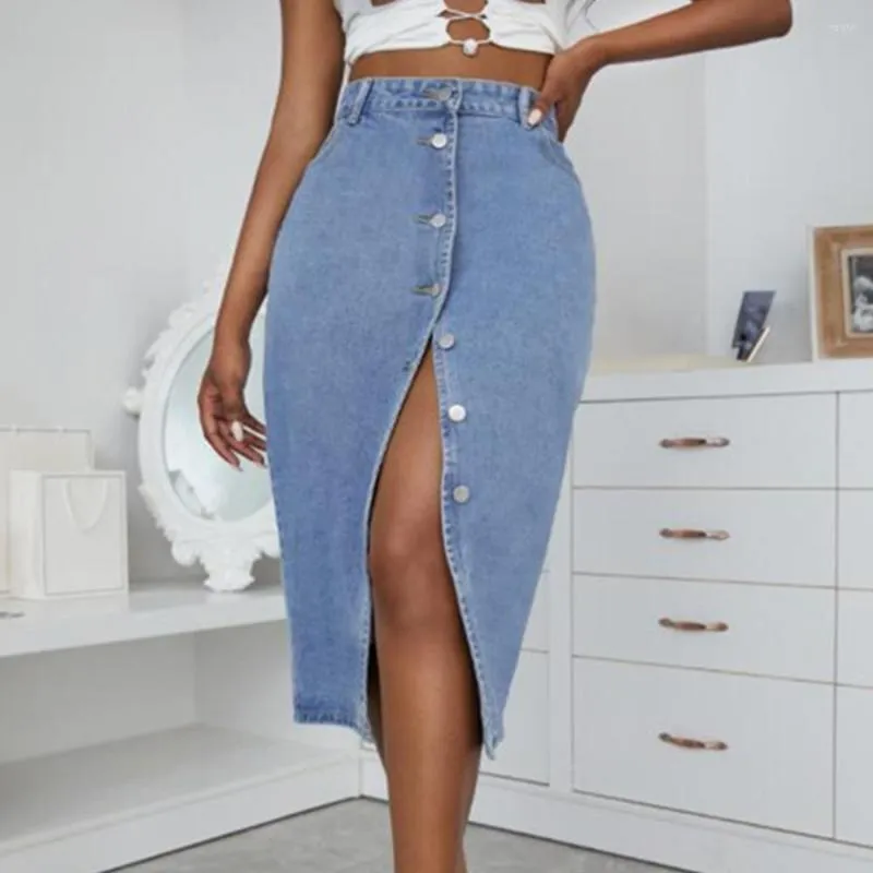 Saias jeans casuais saia frontal split jeak lápis de cintura alta sólida festa longa verão sexy bodycon maxi