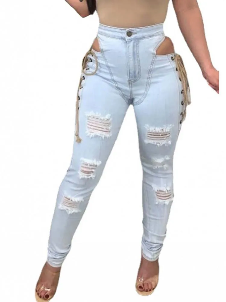 Jeans pour femmes Denim Pantalons Femmes Taille Haute Côté Oeillet À Lacets Pantalon Creux Mode D'été Ripped Hole Streetwear Femme JeansWomen's