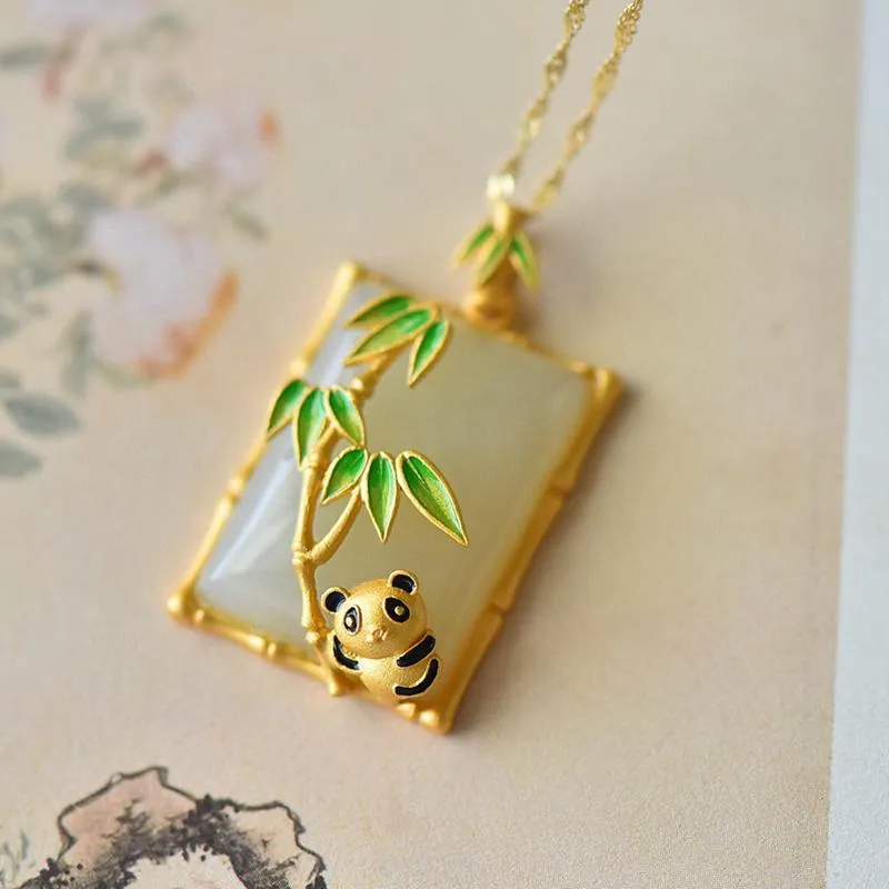 Hänge halsband söta panda halsband fyrkantig aritificiell sten emalj bambu blad vintage smycken för kvinnor bröllop charm födelsedagspresentspend