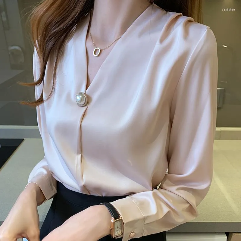 Women's Blouses Satin Pearl Button V-Neck Chiffon Women's Blouse Solid Loose Elegant Long Sleeve Office Lady 2023 Fashion Female Top