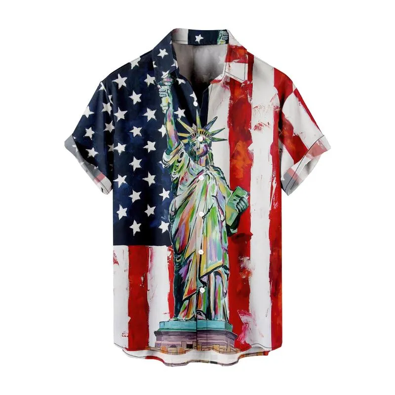 Camisas casuais masculinas 4 de julho Camisa Men Blusa Tops de verão Manga curta Bandeira listrada solta listrada com estátua Independence Day to