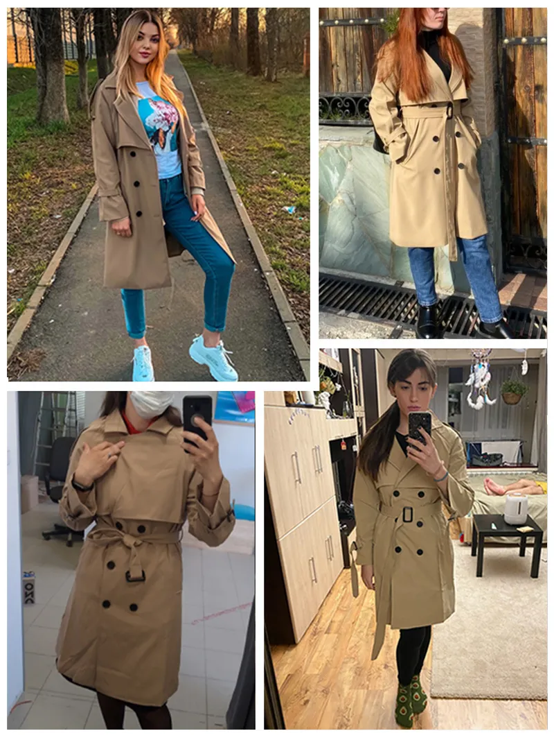 New Autumn Winter Elegant Women Jackets 2023 Double Breasted Solid Trench Coat Vintage Turn-down Collar Warm Trench with Belt