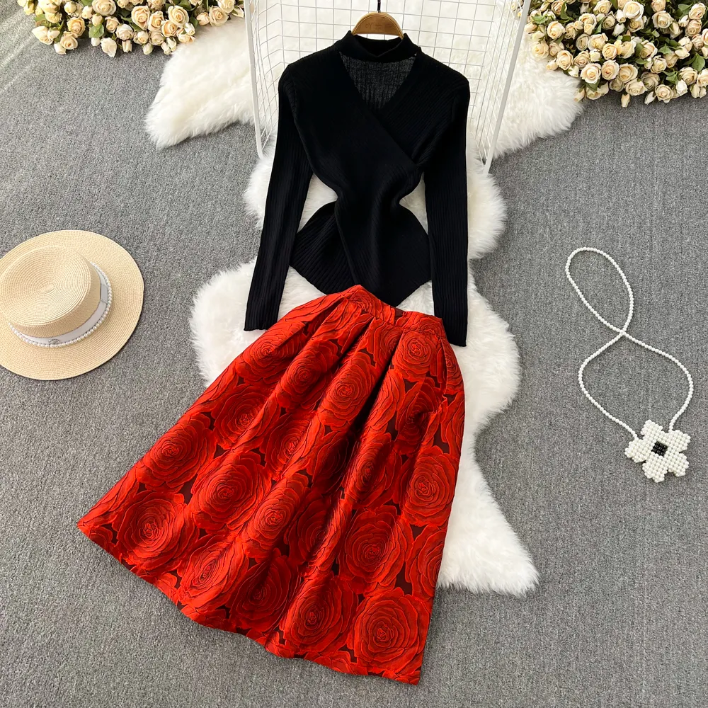 Autumn Winter Women Two Piece Dress V-neck Knitted Sweater Tops and Empire Slim Floral Print Skirt Office Lady Suits 2023