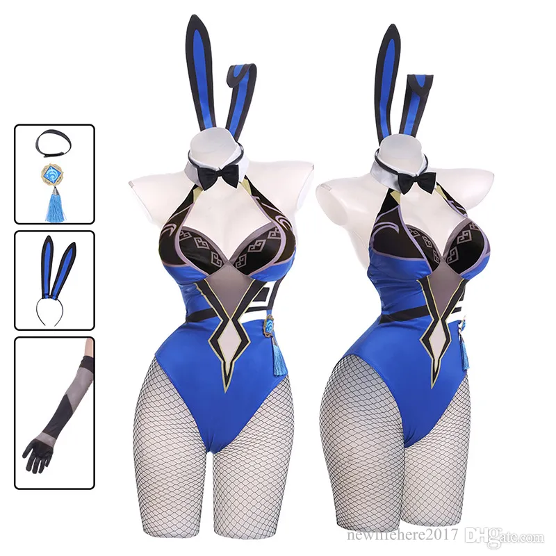 Anime Costumes Genshin Impact Yelan Cosplay Bunny Girl Sexig Jumpsuit Halloween för kvinnor