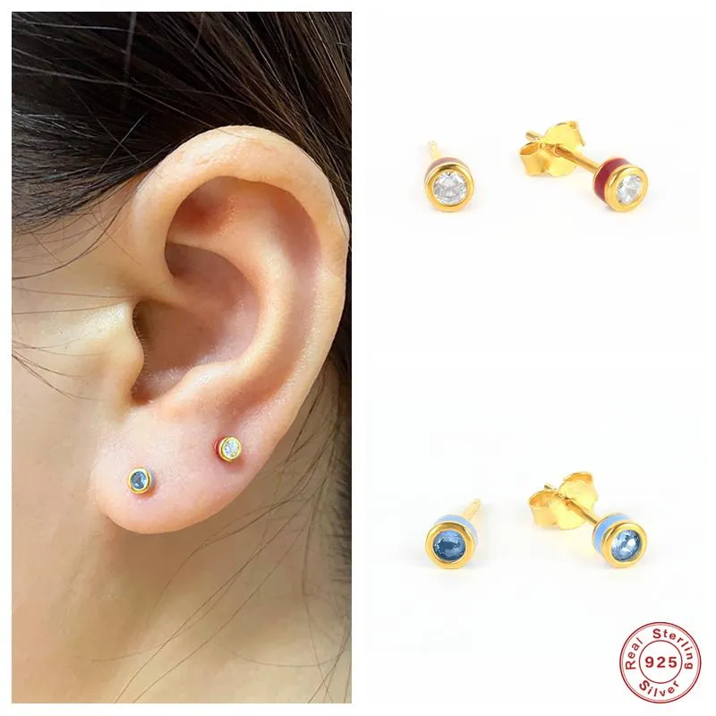 Stud Earrings Aide 925 Sterling Silver Tiny White Blue Round Zircon For Women Mini Red Enamel Ear Studs Piercing Jewelry