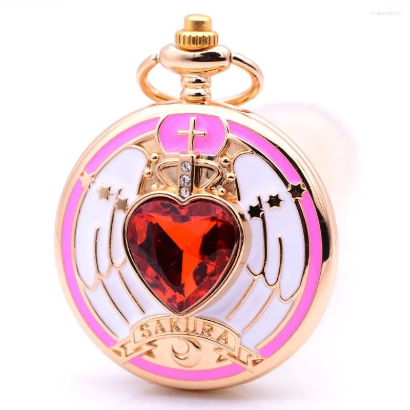 Pocket Watches Fashion Gold Anime SAKURA Moon Red Stone Quartz Watch Analog Pendant Necklace Womens Girls Gifts Reloj