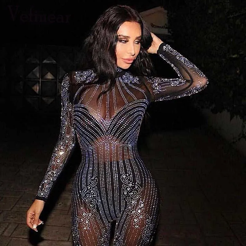 Women's Jumpsuits & Rompers TolTolQ 2023 Summer Drilling Gauze Long Sleeve Round Neck Bling Sequined Women Reflective Elegant Party Romper