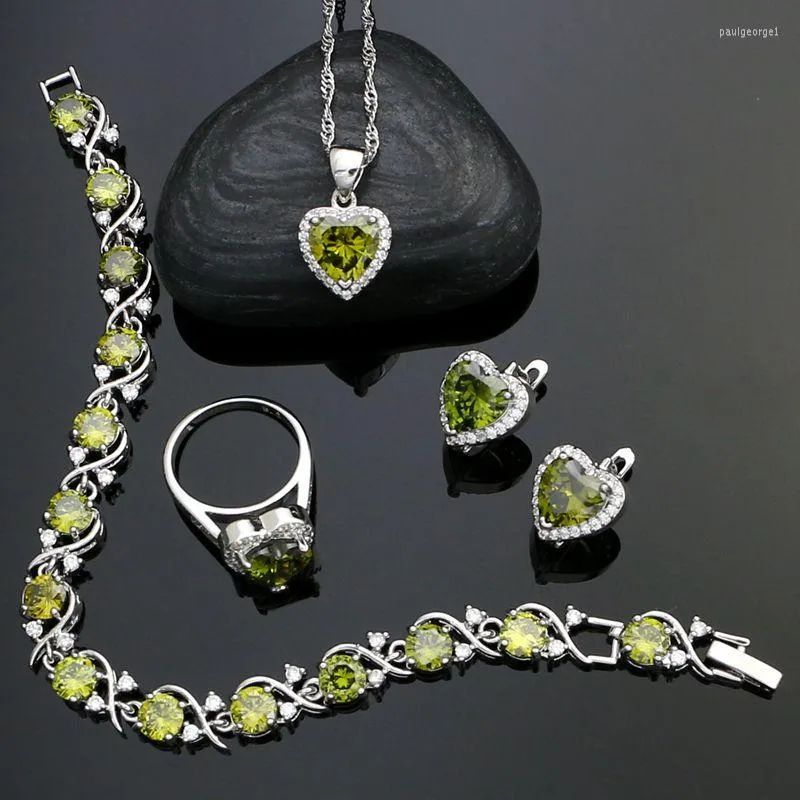 Collier et boucles d'oreilles en argent sterling 925 avec pierres en forme de cœur pour femme, vert olive, blanc, zircone cubique, boucles d'oreilles/pendentif/collier/bague/bracelet