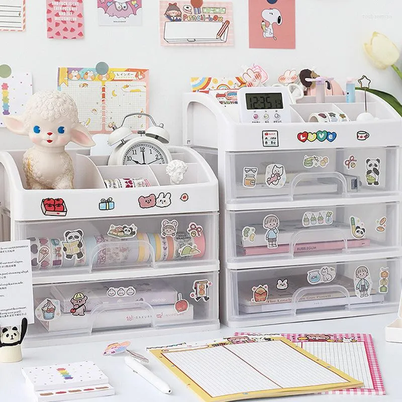 Storage Boxes Kawaii Large Capacity Transparent Drawer Type Desktop Organizer Desk Box Pen Holder School Cute Office Stationery