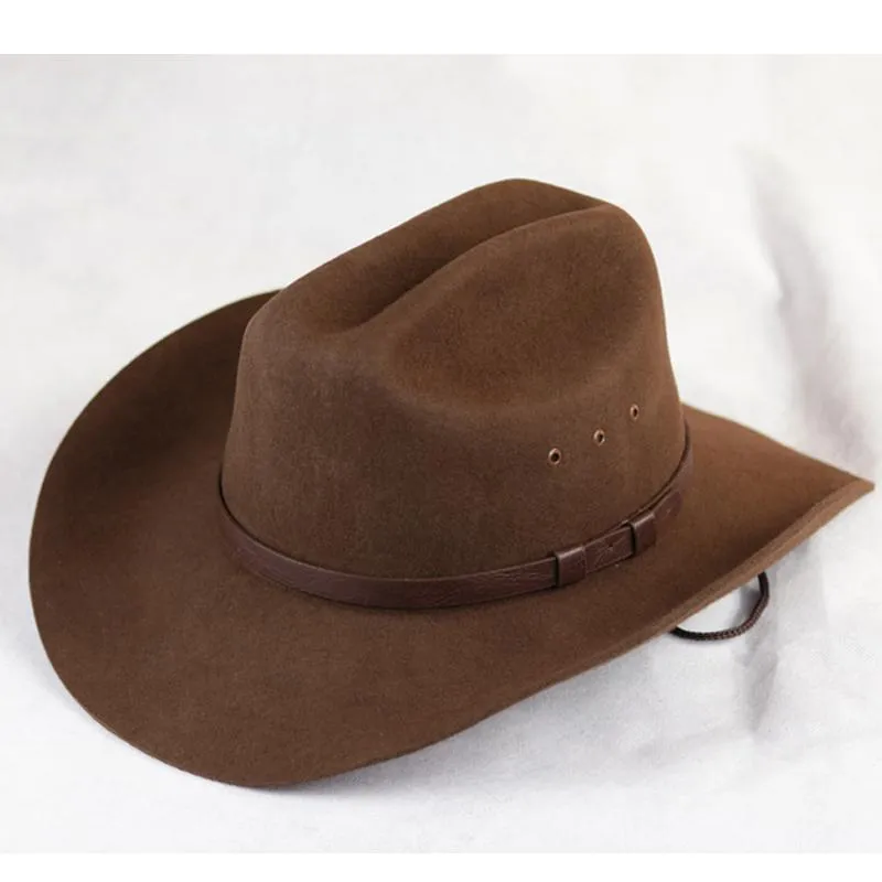 Wide Brim Hats Mens Wool Felt Western Outback Cowboy Hat Fedora Outdoor With Strap Black / Brown Color